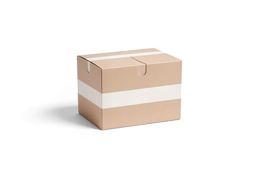 Blank white shipping label on craft box mockup, half-turned view. High quality photo.