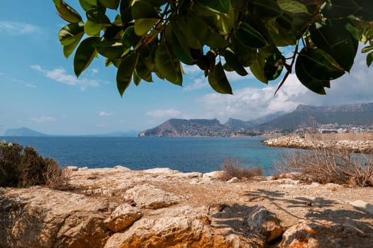 Scenic coastal view showcasing a tranquil blue sea, rocky shoreline, and lush green leaves providing shade, with distant mountains under a clear sky.