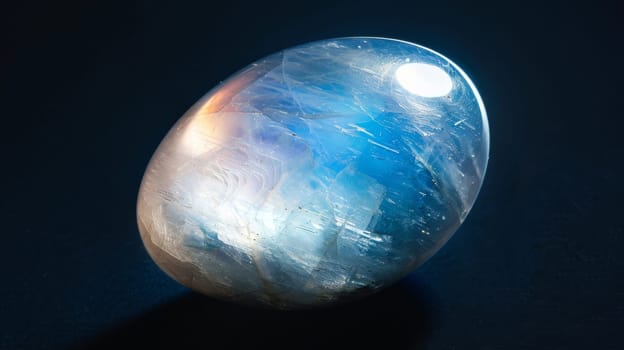 Highresolution closeup photograph showcasing a polished moonstone gemstone on a dark surface. the image highlights the intricate details, natural colors, and unique reflections of the gemstone, making it suitable for design projects, prints, and posters.
