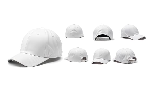 Blank white trucker hat mockup, different views. High quality photo.