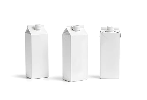 Blank white prisma juice pack with lid mockup set, different sides, 3d rendering. Empty milk pack mock up, stand isolated. Clear aseptic box with cap for fresh drink. Packet with yogurt template.