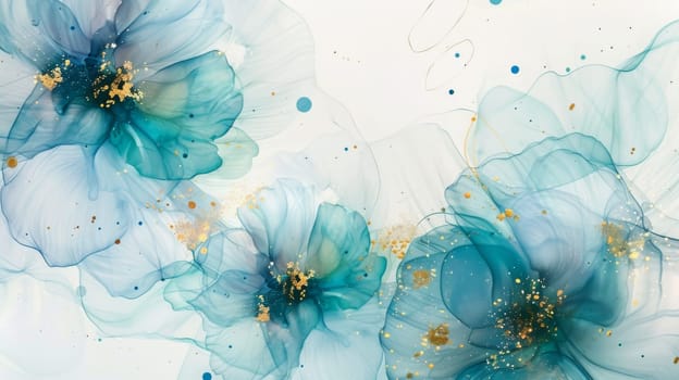 Abstract floral artwork featuring delicate blue flowers with gold accents on a white background. the translucent petals and gold speckles create an ethereal and elegant composition, ideal for modern home decor, wall art, and art prints.