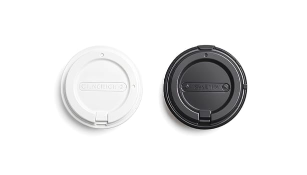 Blank black and white disposable coffee cup lid mockup, lying top view, plastic cover mock up isolated, 3d rendering. Empty coffee drinking mug cardboard cap mock-up. Clear plain tea take away package.