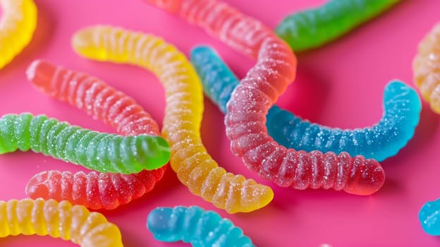 Assorted gummy worm candies in vibrant colors lie intertwined on a striking pink background. these brightly colored sweets with a sugar coating provide visual delight and are perfect for confectionery designs, marketing, and advertising.