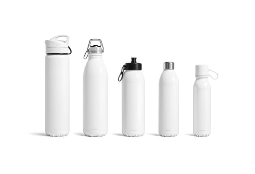 Blank white travel bottle mockup set, front view. High quality photo.