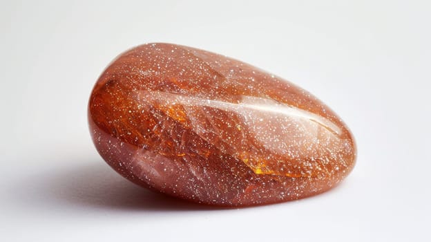Macro photograph of a single polished sunstone displaying its vibrant orange hues with reflective shimmering specks. ideal for use in jewelry designs, mineralogy studies, poster prints, and educational materials focused on gemstones.