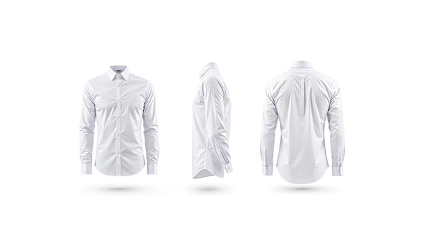 Blank white weared classic mens shirt with sleeve mockup set. High quality photo