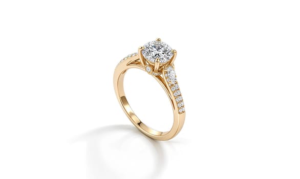 Blank gold ring with diamond mockup stand, half-turned view. High quality photo.