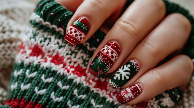 A closeup of a hand showcasing intricate nail art inspired by festive holiday sweater patterns. the nails feature red, white, and green colors with designs such as snowflakes, reindeer, and traditional knit motifs, perfect for the winter season.