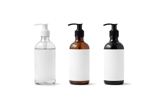 Blank transparent, amber, black glass bottle with white label mockup. High quality photo.