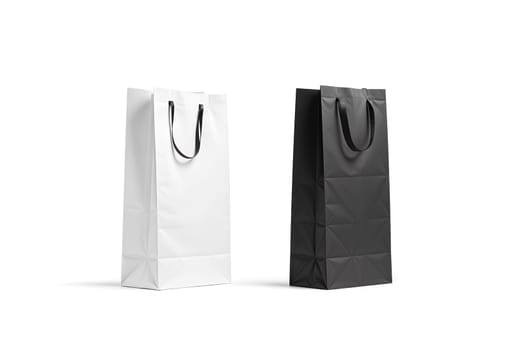 Blank tall black and white wine bottle bag mockup set, isolated, 3d rendering. Empty carry handbag for wine or vodka mock up. Clear paper packaging for store branding template.