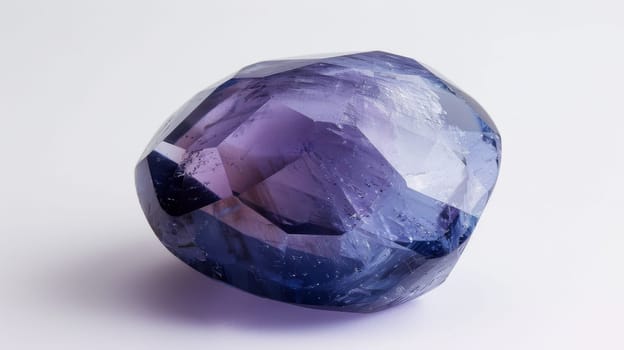 Brilliant closeup of a polished iolite gemstone with facets reflecting light, illustrating its deep blue and violet hues. the isolated gem on a light background makes it ideal for jewelry design concepts, print projects, or educational purposes.