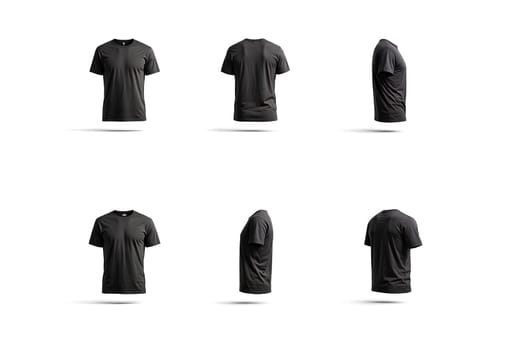 Blank black wrinkled t-shirt mockup, rotation angles of all sides. High quality photo.