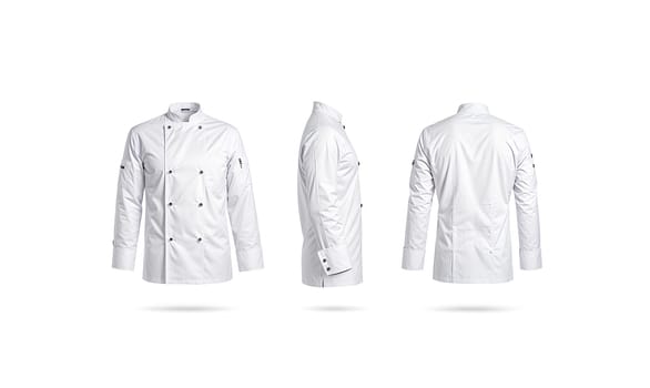 Blank white chef jacket with buttons mock up, different sides. High quality photo.