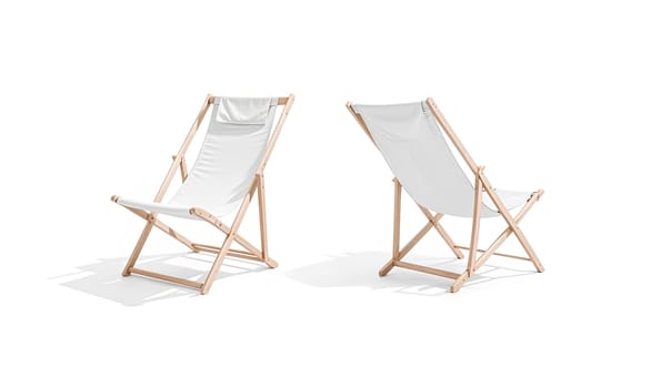 Blank white folding beach chair mockup, side and back view. High quality photo.