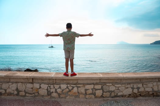 A young boy stands with open arms facing the sea, conveying a sense of freedom and adventure against a peaceful ocean backdrop.