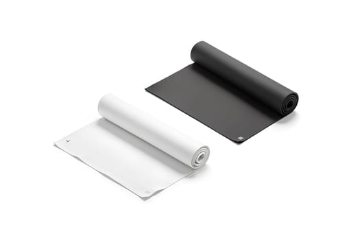 Blank black and white rolled yoga mat mockup, side view. High quality photo.