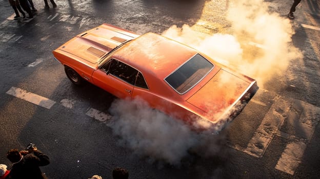 Powerful sports cars race through city streets at sunset, leaving a trail of smoke, thrilling spectators with high speed action