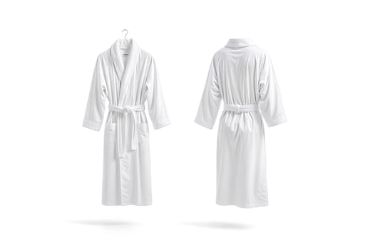 Blank white hotel bathrobe mockup, front and back view. High quality photo.