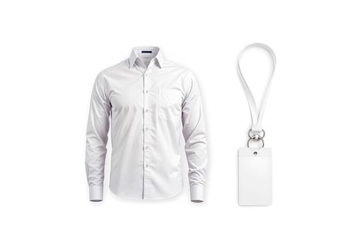 Blank white dress shirt, lanyard, mug and pen mockup, isolated. High quality photo.