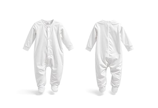 Blank white baby zip-up sleepsuit mockup, front and back view. High quality photo.