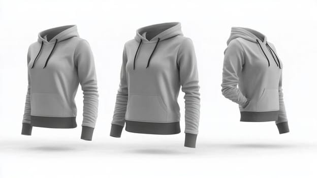 3d model is wearing a hooded sweatshirt with drawstrings, providing a blank canvas for showcasing designs. The model is shown in front, three quarter, and back views
