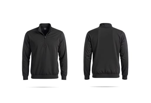 Blank black quarter zip sweater mockup, front and back view. High quality photo.
