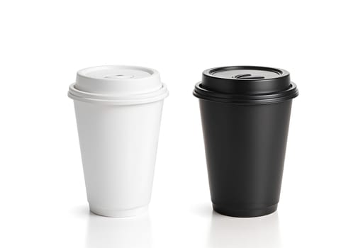 Blank black and white disposable paper cup with plastic lid mock up isolated, 3d rendering.
