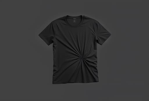 Blank black crumpled t-shirt mockup flat lay, dark background. High quality photo.