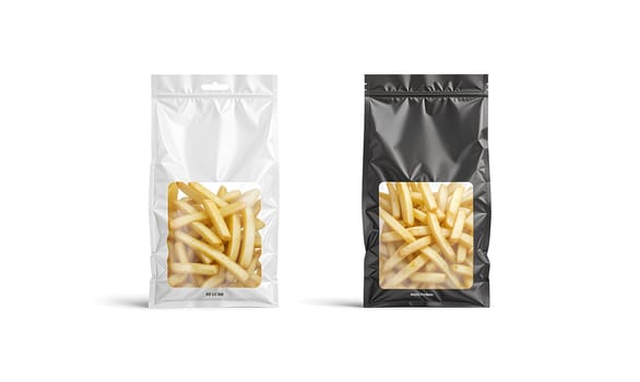 Blank black and white paper pack with penne pasta mockup. High quality photo.