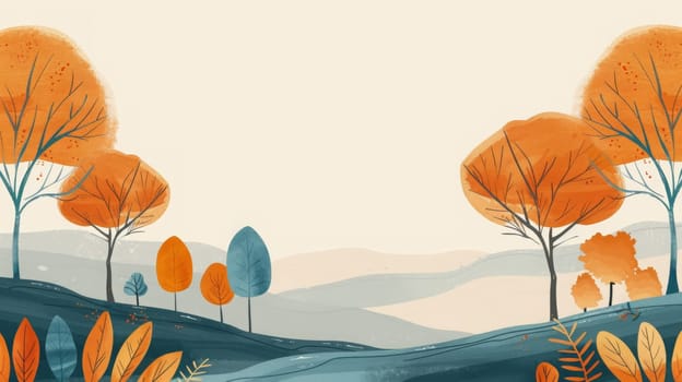 An elegant autumn landscape with a clean, minimalist aesthetic featuring vibrant orange and blue trees and leaves. rolling hills fade into the distance under a soft, warm sky, making it perfect for fall-themed designs, cards, and prints.