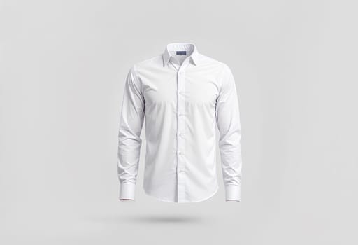 Blank white classic shirt mockup, front view, gray background. High quality photo.