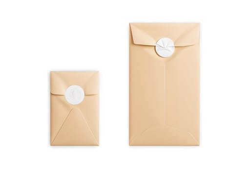 Blank craft rectangle paper bag with sticker mockup, top view. High quality photo.