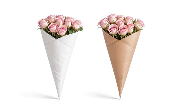 Blank craft and white flowers packaging cone mockup, front view. High quality photo.