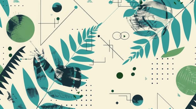 Abstract geometric background featuring green, teal, and blue tropical leaf elements against a cream backdrop. various shapes, lines, and dots add depth and contrast to the design, ideal for modern wall art, posters, and digital designs.
