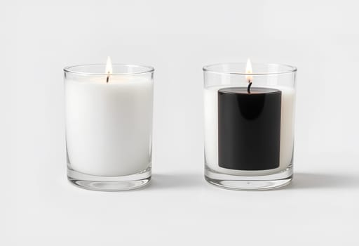Blank candle in glass jar with black, white label mockup. High quality photo.