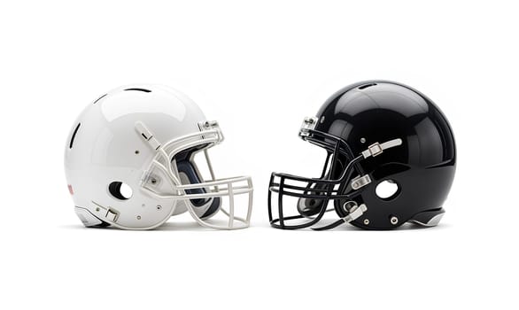 Blank black and white American football helmet mockup, profile view. High quality photo.