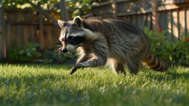A raccoon is captured in midmotion, maneuvering through a suburban backyard. the scene includes vibrant green grass, wooden fencing, and soft, natural daylight, the raccoon's fur details, striped tail, and distinctive facial mask.