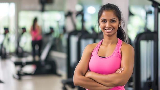 A young bangladeshi female fitness trainer standing confidently in a modern, well-equipped gym. dressed in pink workout attire, she physical strength, health, and wellness, making her an ideal representation for fitness and lifestyle promotions.