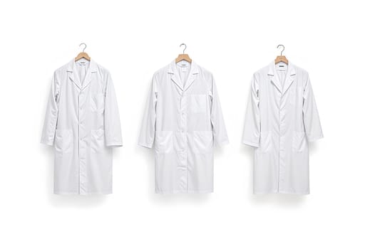 Blank white medical lab coat mockup, front and side view. High quality photo.