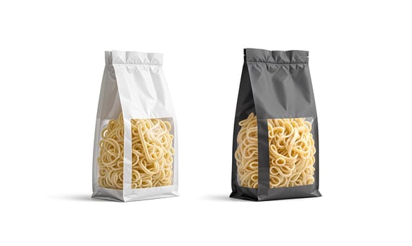 Blank black and white paper pack with penne pasta mockup. High quality photo.