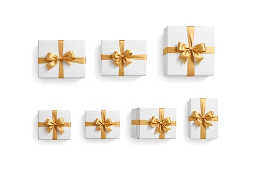 Blank white gift box with gold ribbon mockup, different types. High quality photo.