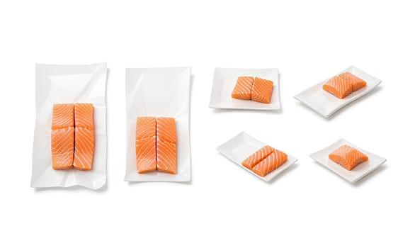 Blank white pack with salmon mockup, different views. High quality photo.