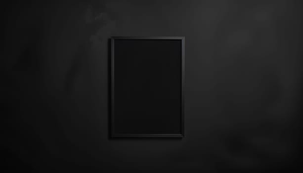 Blank black paper poster mockup, stand at gallery wall, isolated, 3d rendering. Empty placard with frame in museum mock up, front view. Clear photo art cadre in darkness template.