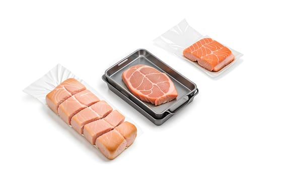 Blank transparent pack with bread, beef and salmon mockup, isolated. High quality photo.