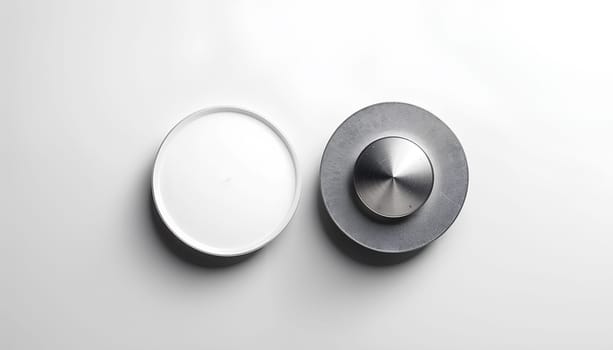 Blank white round silver lapel badge mock up, front and back side view, 3d rendering. Empty hard enamel pin mockup. Metal clasp-pin design template. Expensive circular brooch for logo presentation.