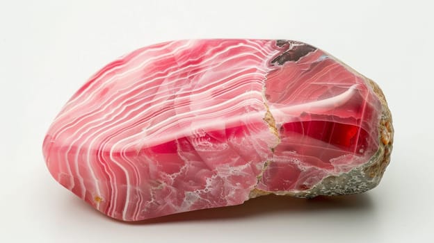 Highresolution closeup of a polished rhodochrosite stone showcasing its intricate natural striations in pink hues. perfect for use in gemstone collections, jewelry design, home decor, or educational purposes in geology and mineralogy.