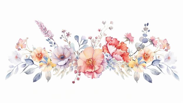 Delicate watercolor flowers in soft pastel shades create a beautiful floral arrangement, perfect for enhancing design projects or celebrations.