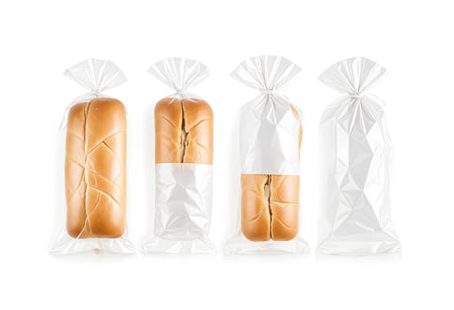 Blank bread in white transparent cellophane pack mockup, no gravity. High quality photo.