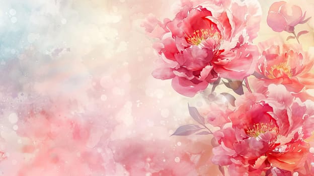 Vibrant pink peonies are in full bloom, showcasing delicate petals set against a dreamy, pastel background that evokes tranquility and beauty.
